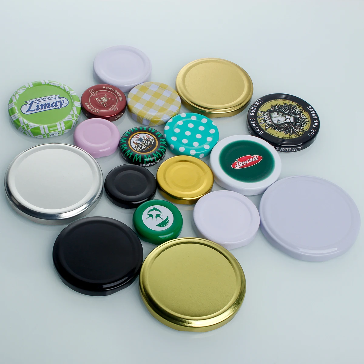stocked plain color 30mm 38mm 58mm 70mm 82mm black white silver metal tinplate twist lug lid