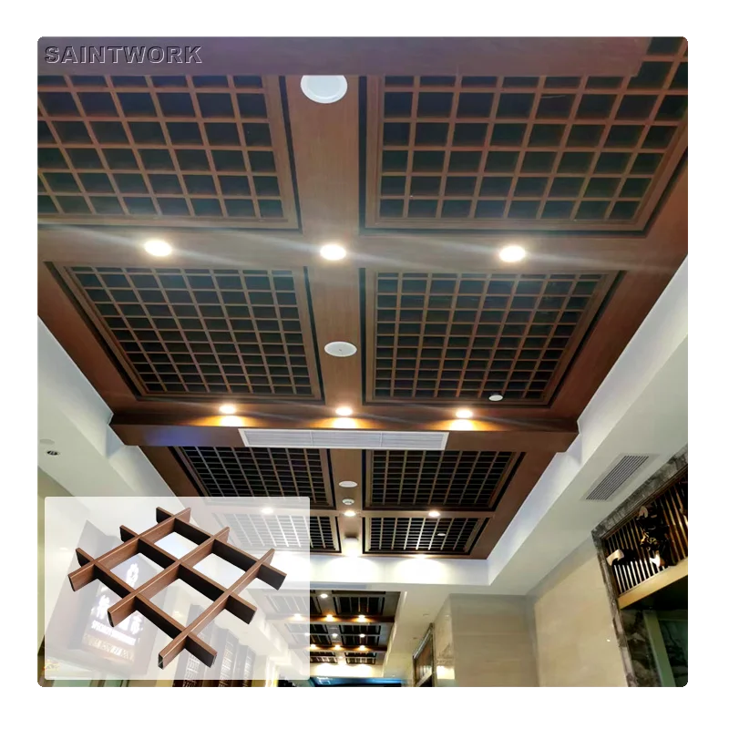 Home Office Hall Wood Look False Ceiling Design Aluminum Open Cell Grid Ceiling Metal Slat Grille Ceiling Panels Interior Decor