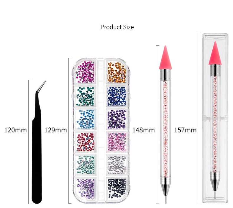Nail Art Rhinestones Kit Nail Gems Ab Flatback Rhinestones Gems Stones, with Storage Box/Wax Pencil/Tweezers for Nail Art Craft