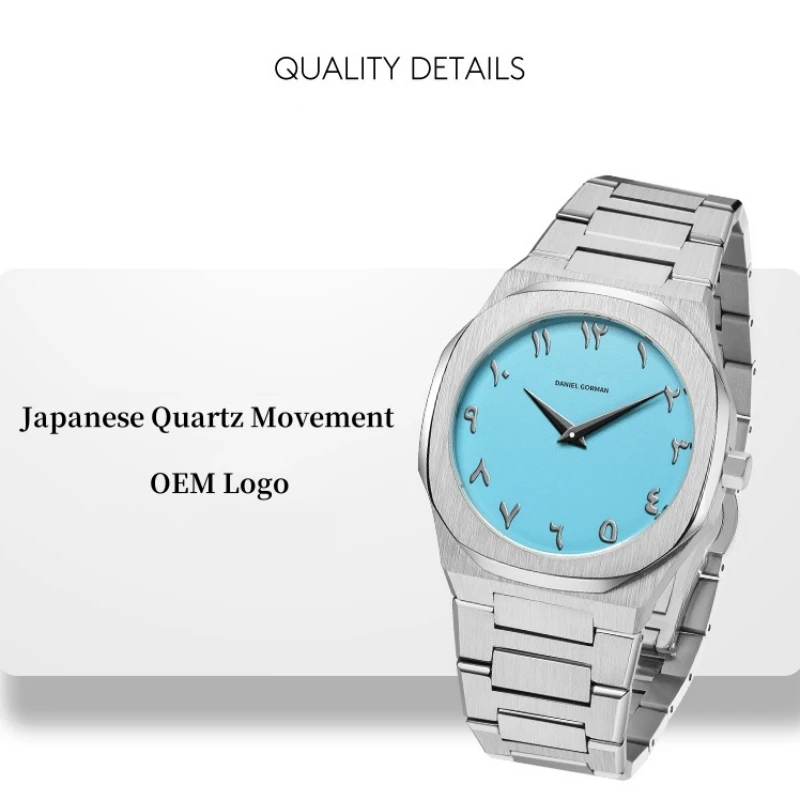 Private Label OEM Custom Logo Arabic Dial Casual Ultra Thin Gray Fashion Wrist Stainless Steel Luxury Quartz Watch For Men