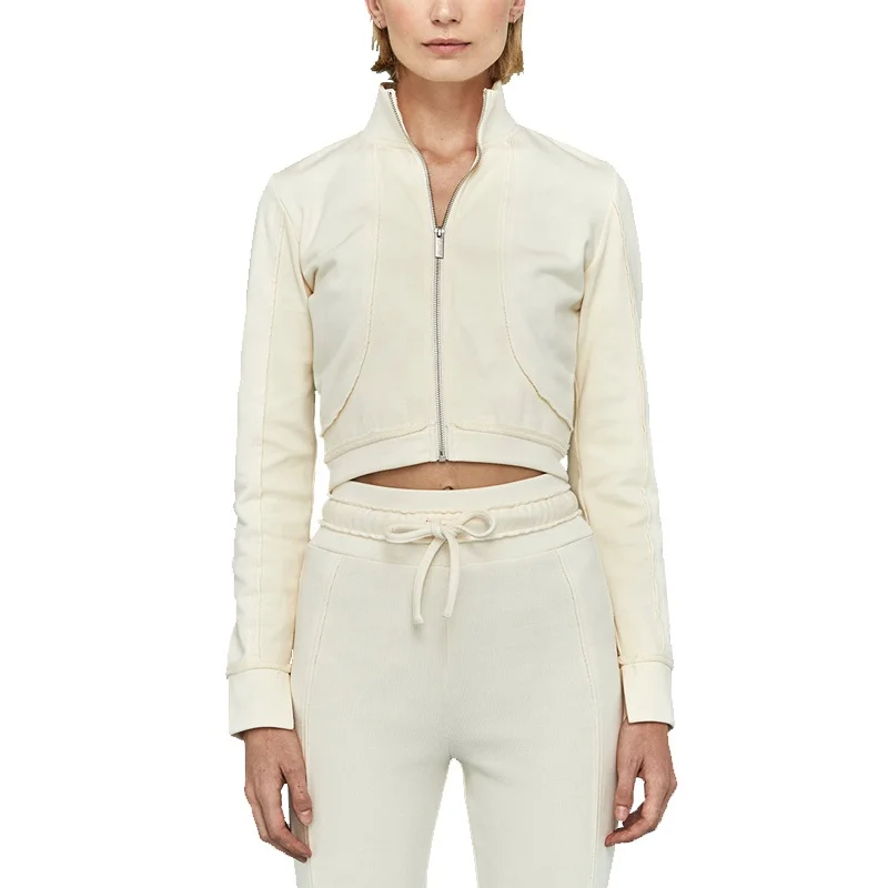 High Quality Women Stand Collar Zip Top Rib Sports Top Autumn Warm Short Coat Tops Can Be Customized Color Plus Size