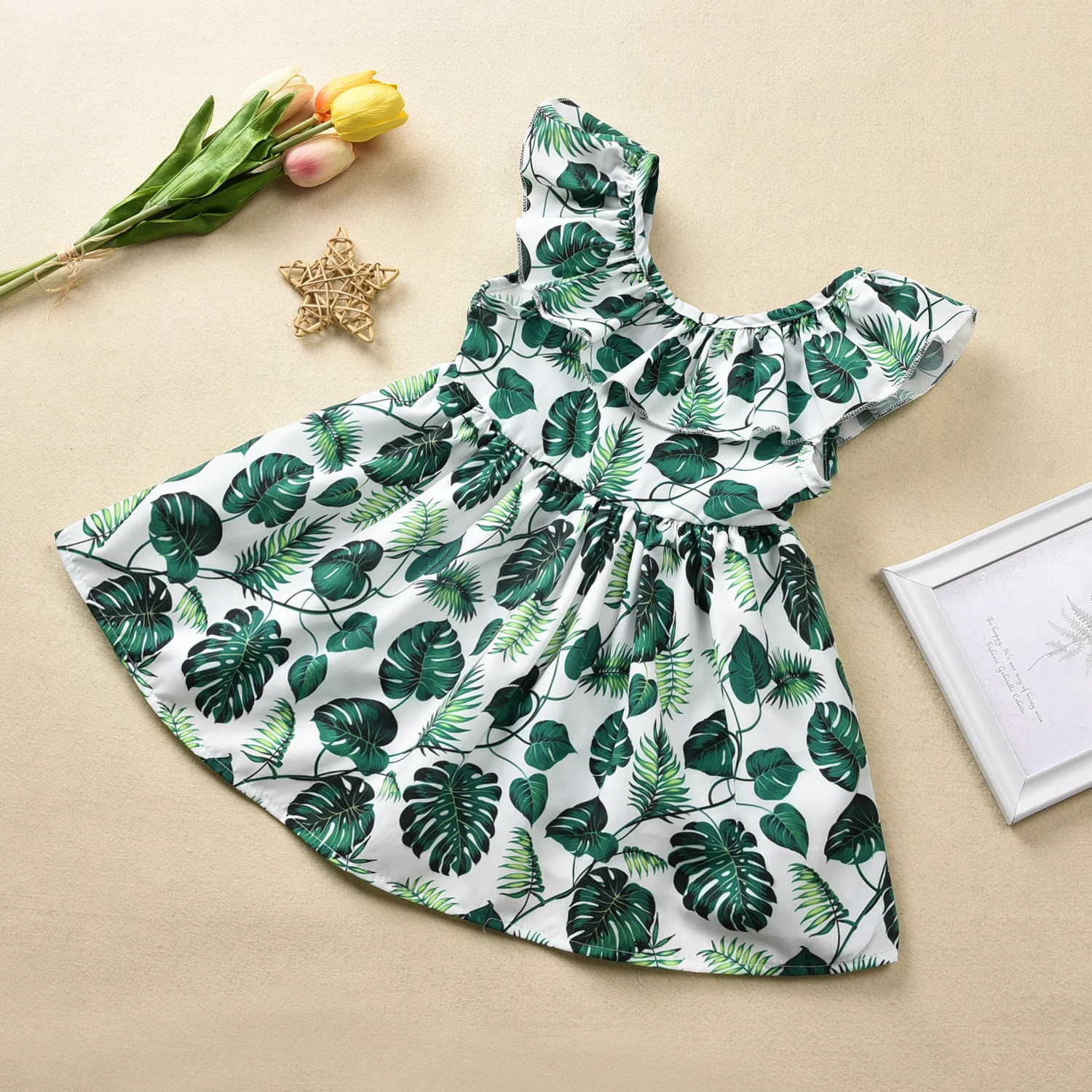 
wholesale Long sleeveless dress with banana leaf print dresses for girls of 0-5 years old clothing sets 