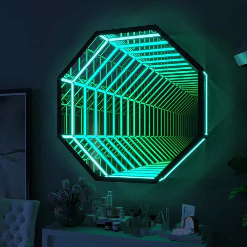 Modern Style Nordic Luxury Octagon RGB 3D Mirror Light Remote Control LED Atmosphere Magical Mirror Wall Lamp