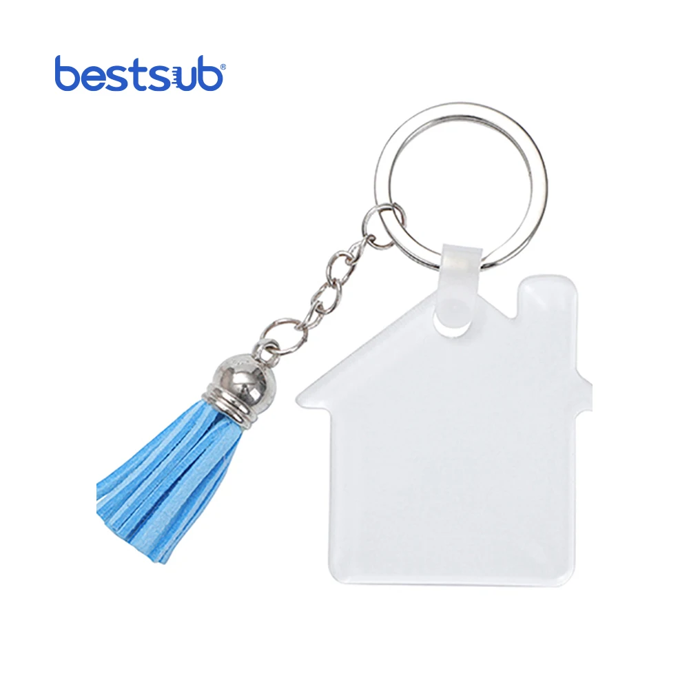 BestSub Wholesale Custom White House Sublimation Blanks Acrylic Keychain with Blue Tassel