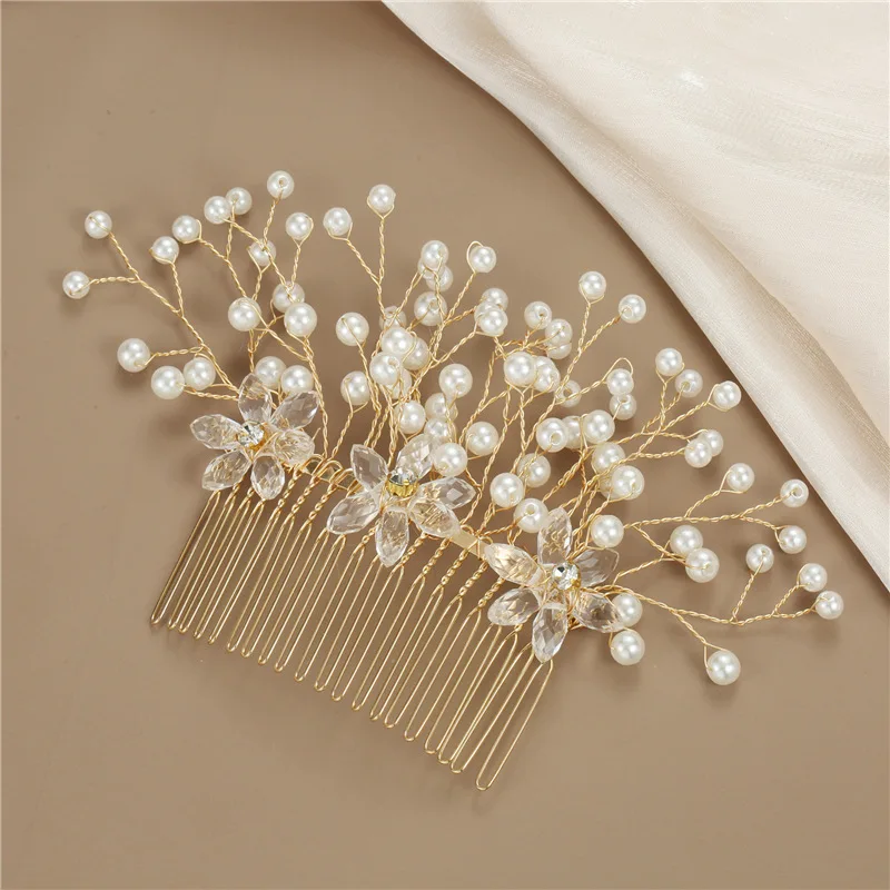New Hot Gold Plated Handmade Copper Wire Crystal Flower Pearls Diverging Bridal Hair Accessories Headpieces Comb