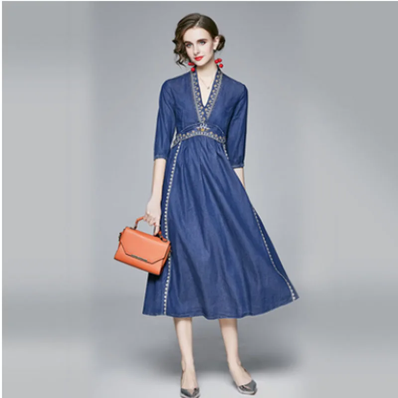 TS32080116 Autumn new style long skirt Chinese style retro improved Hanfu loose and thin long denim dress