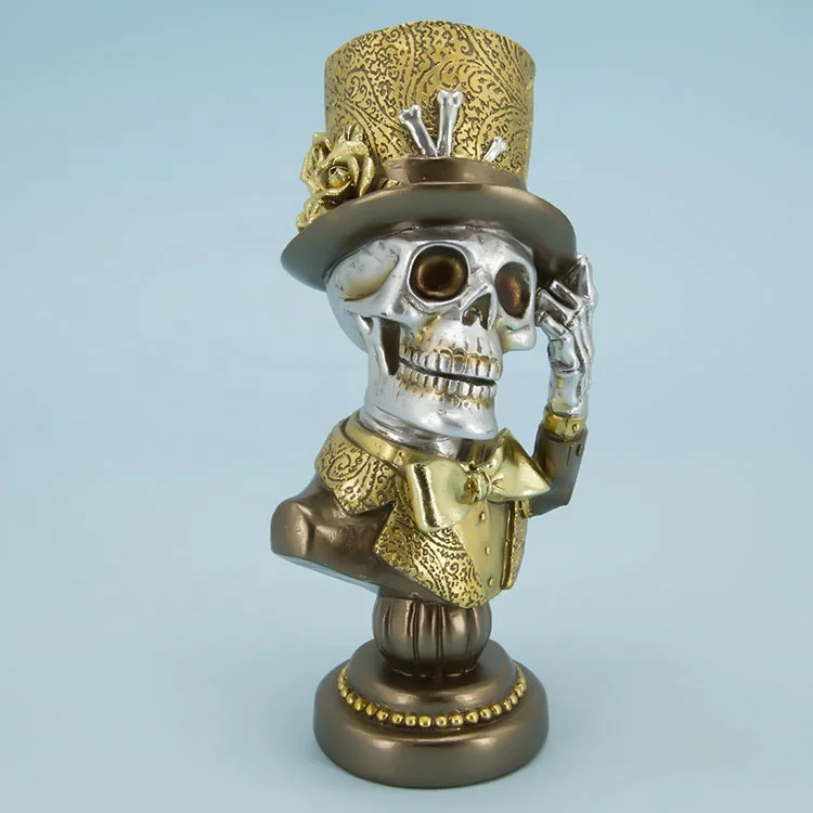 Creative Halloween  Gold Skulls Statue With Yellow Tall Hat And Flower Decor