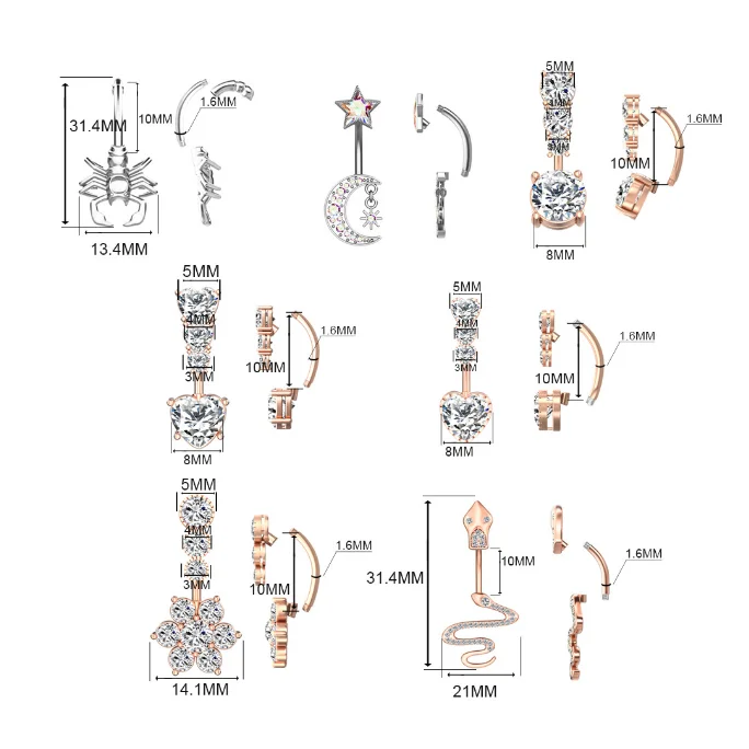 Wholesale Stainless Steel Snowflakes shape Navel Piercing Double Gem Belly Button Ring Body Jewelry