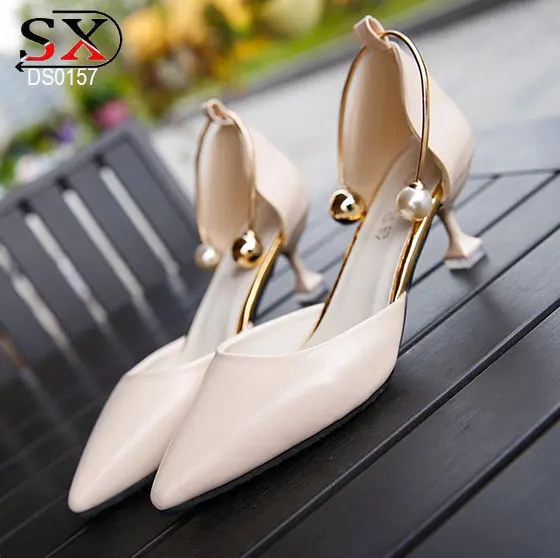 Ladies White Pointed Toe Pearls Bridal Shoes Mid Heel Block Women OL Shoes