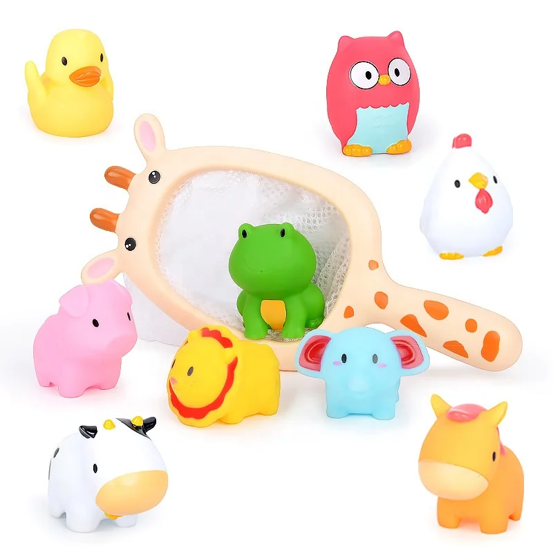 Baby Shower Cartoon Cat Giraffe Fishing Nets Rubber Animal Bath Toys Set For Kids