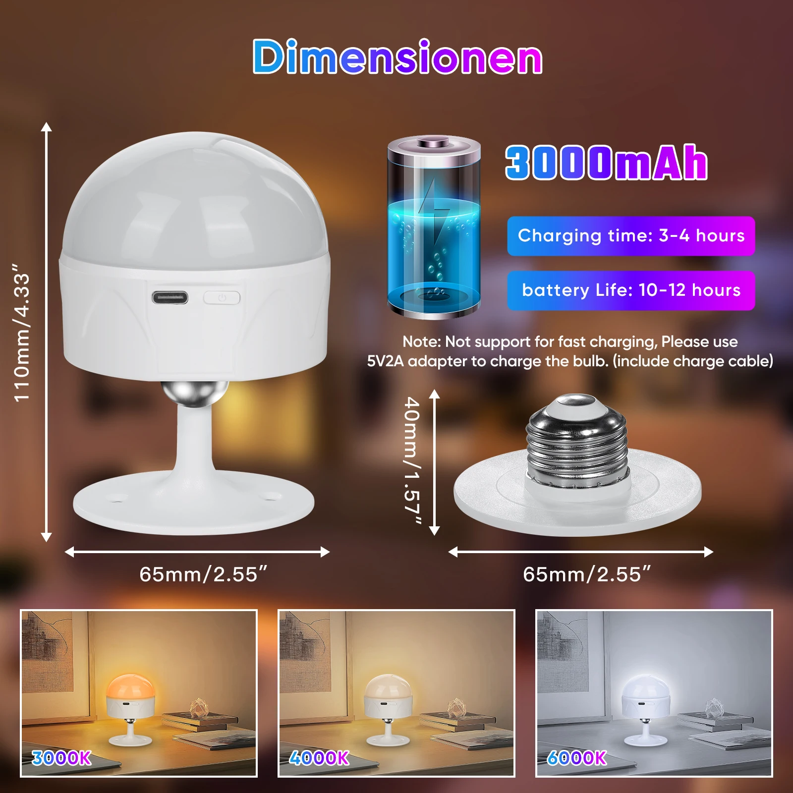 Remote RGB Rechargeable Wall Lamp E26 E27 RUSB-C Rechargeable Bulb Battery Powered Beside Light Emergency Lamp Bulb 2 Pieces