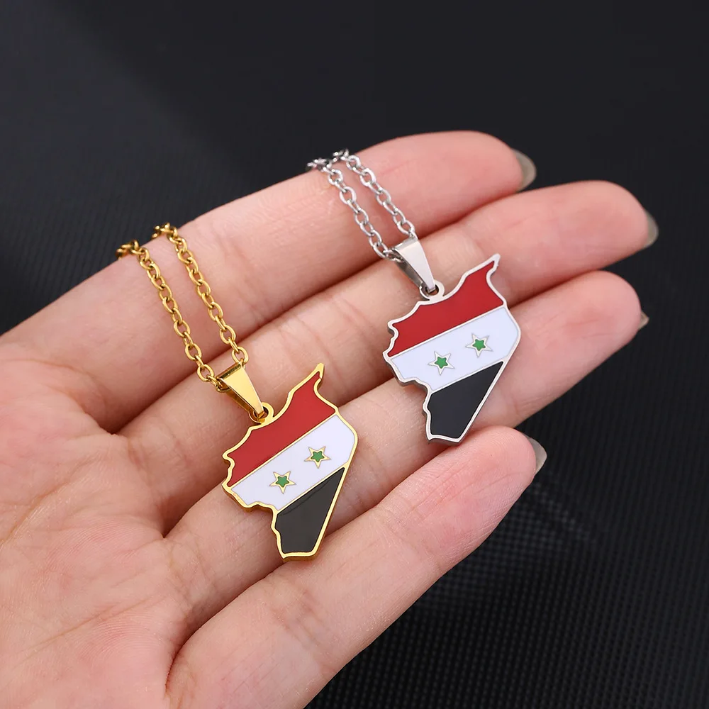 Jymoon Color /Silver Color Stainless Steel Syria Map Flag Pendant Chain Necklaces Syria Maps Jewelry for Women Men