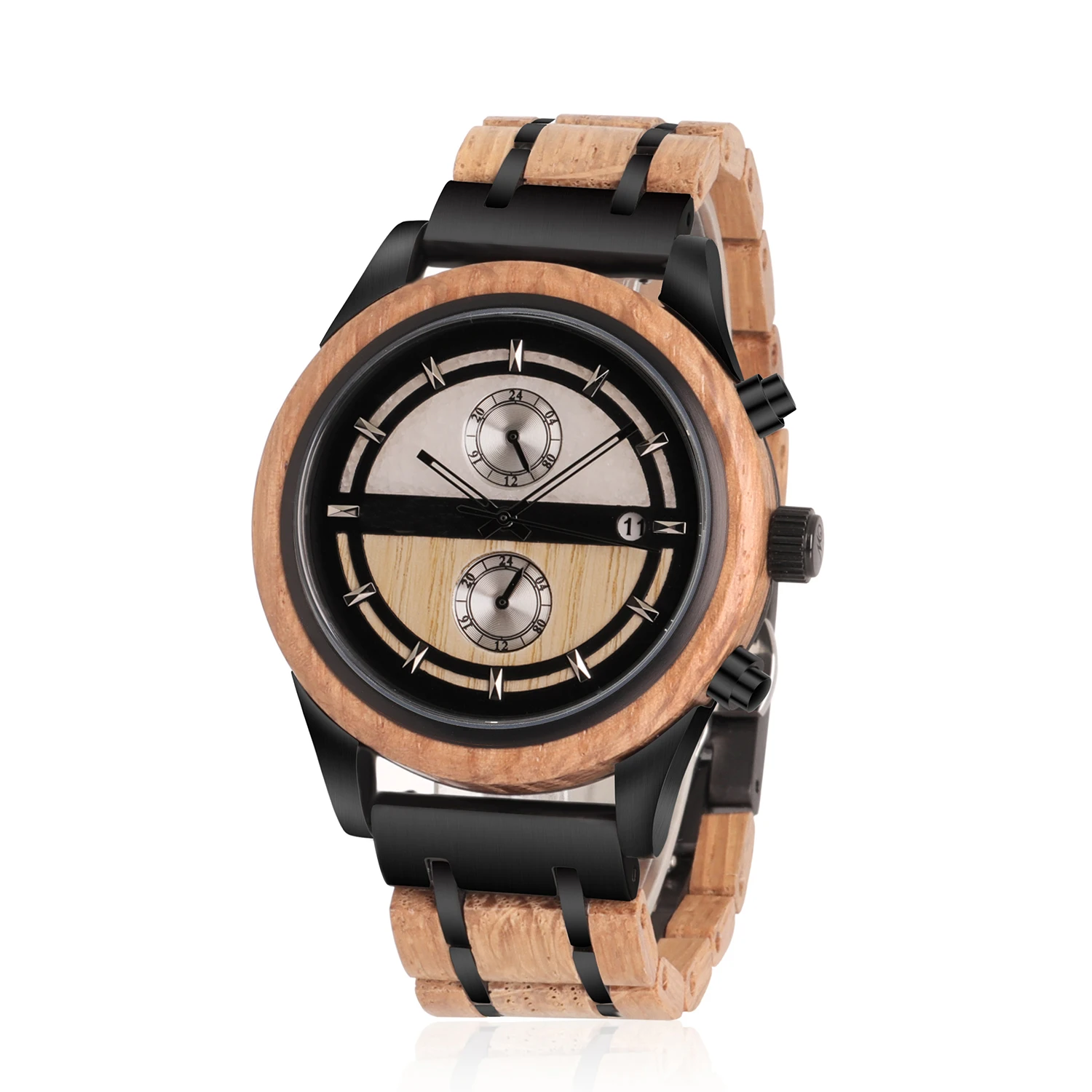 New design wood and stainless steel half wood and marble dial face Dual time zone chronograph luxury men watches
