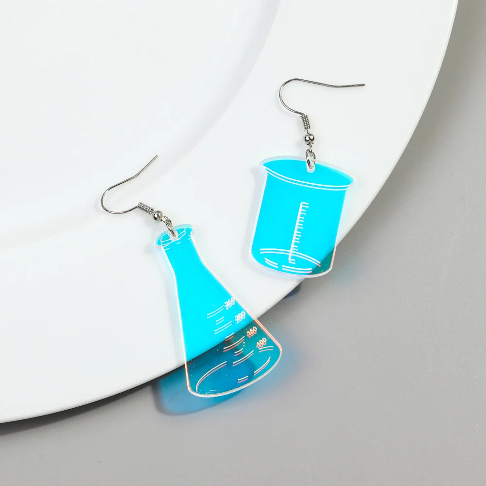 Cheap FMCG Jewelry Different Measuring Cups Beaker Containers Simple Laser Geometric Pendants Asymmetrical Acrylic Drop Earrings