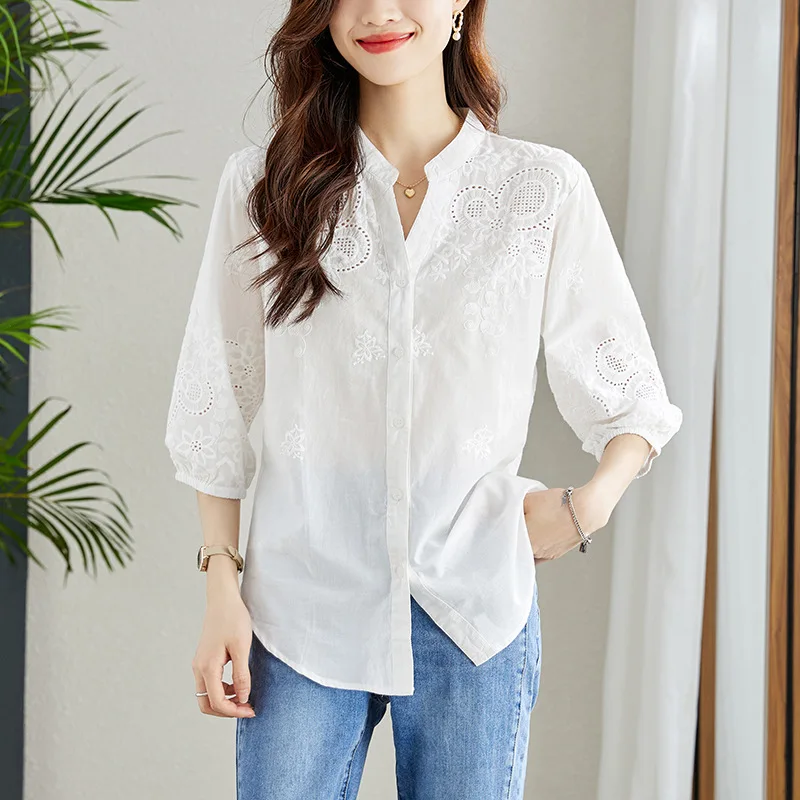 White Cotton Floral Embroidery Blouse Shirts for Women Tops Vintage Shirt Blouses Summer Boho Casual Ladies Blusas