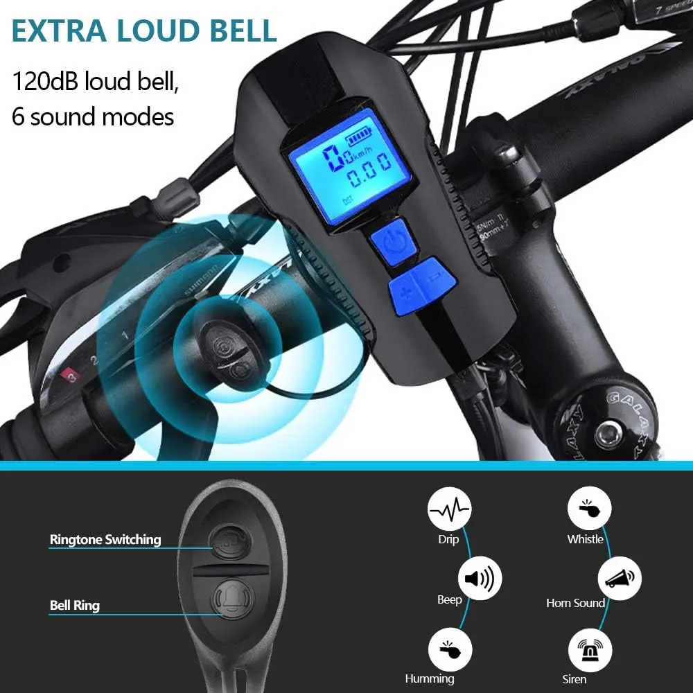 Waterproof Bicycle Light USB Rechargeable Bike Front Light Flashlight with Computer LCD Speedometer Cycling Head Lantern Horn