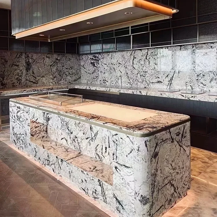 Unique Veins Customized Brazilian Pandora Marble Countertop and Island Cabinet Natural Marble Top Kitchen Island for Hotel