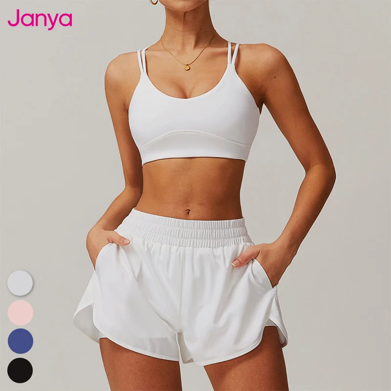 Janya Hot Sales Fitness Gym Sets Sexy Girls Removable Pads Sports Bra And Woven Pockets Double-layer Sport Shorts Yoga Set