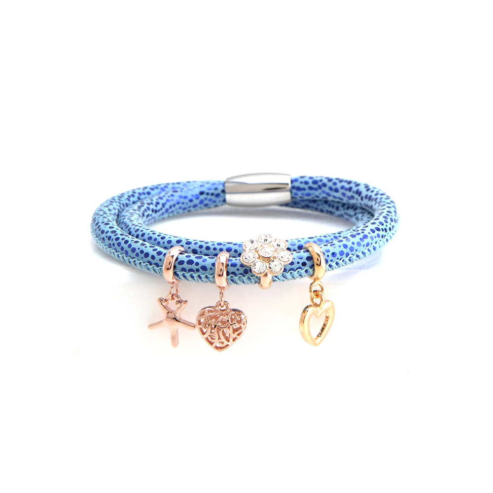 
Best Selling Blue Two-turn Sheepskin Leather Wrap Heart Slide Charm Bracelet Making Kits 