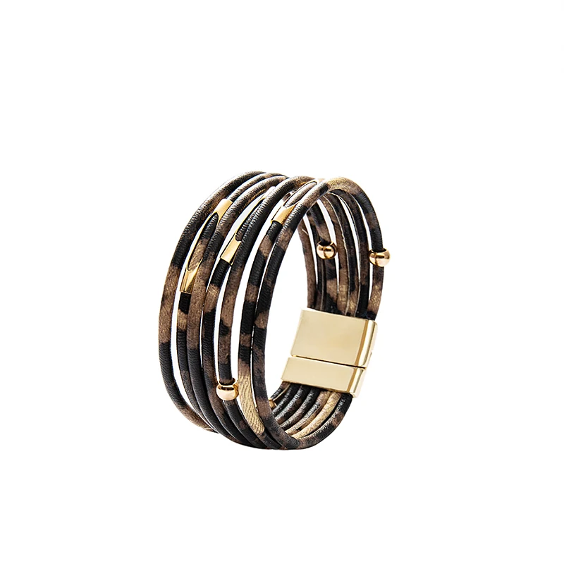 2020 fashion bracelets bangles multilayer wrap leopard leather bracelet for women gold plated copper beads magnetic clasp m