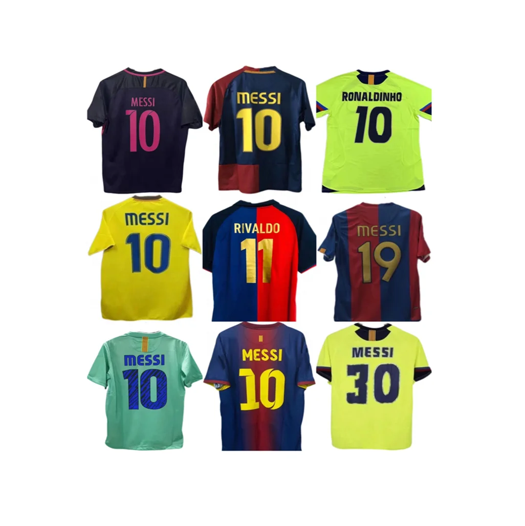 06 08 09 10 11 14 15  Barcelonaes Breathable Polyester Heat Transfer RONALDINHO Retro Version MESSIs Thailand Football Shirts