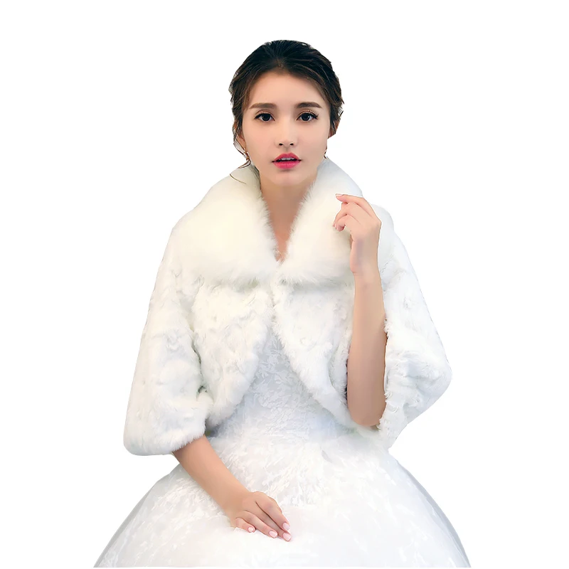 
Ivory short cotton shawl faux fur plush collar wide-sleeved small shawl wedding dress accessories 