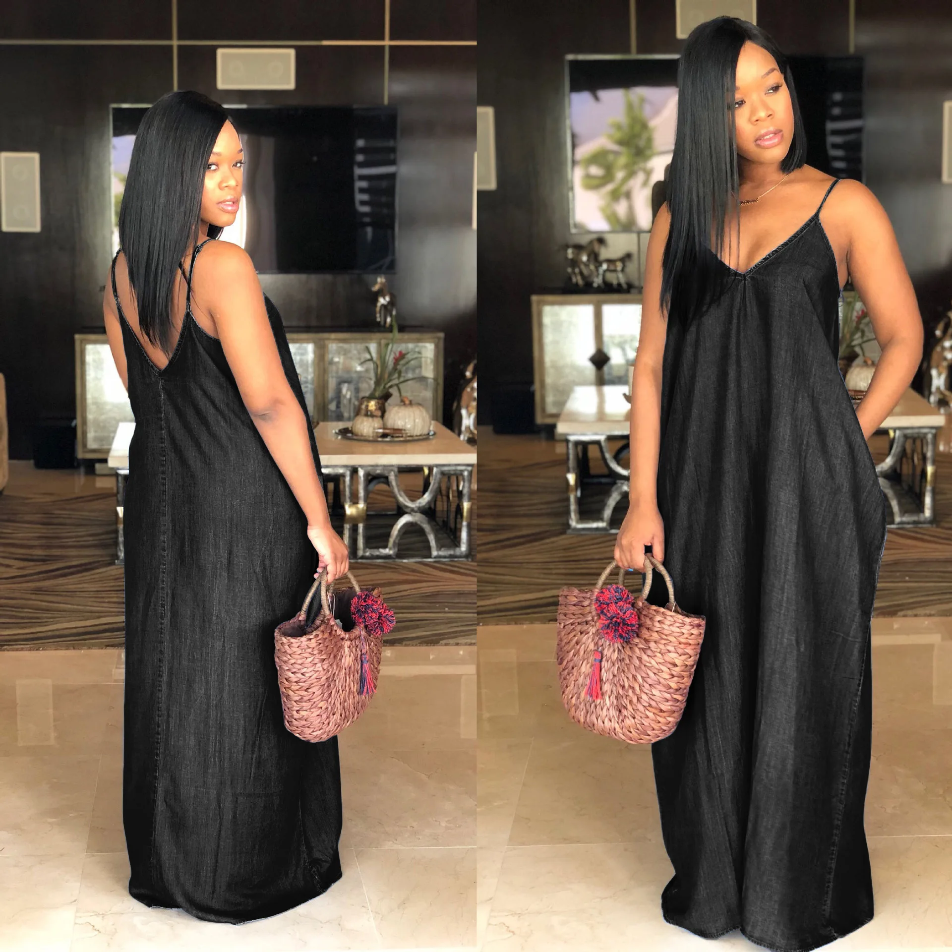 
Summer casual solid loose off shoulder maxi dresses long women denim dress 