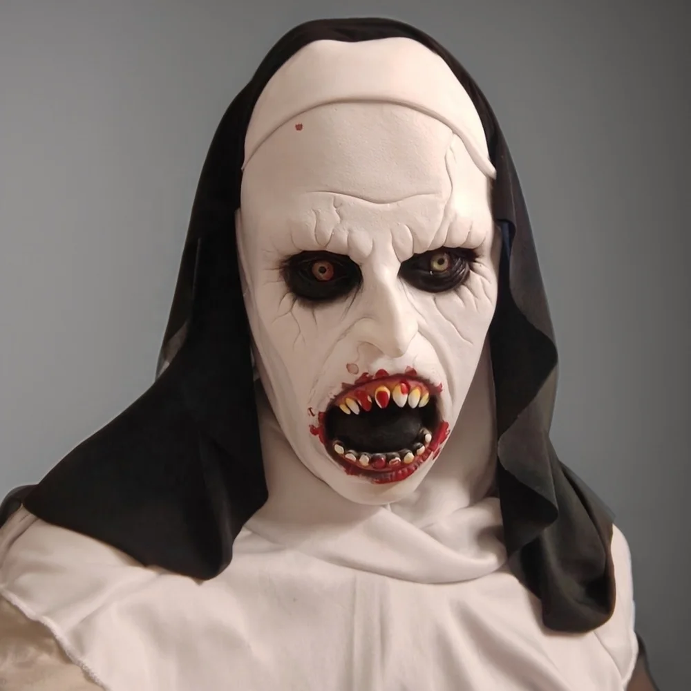 The Nun Scary Mask Bloody Open Mouth Costume Horror Nun Mask with Scarf Adult Woman Creepy Horror Costumes Halloween Party Props