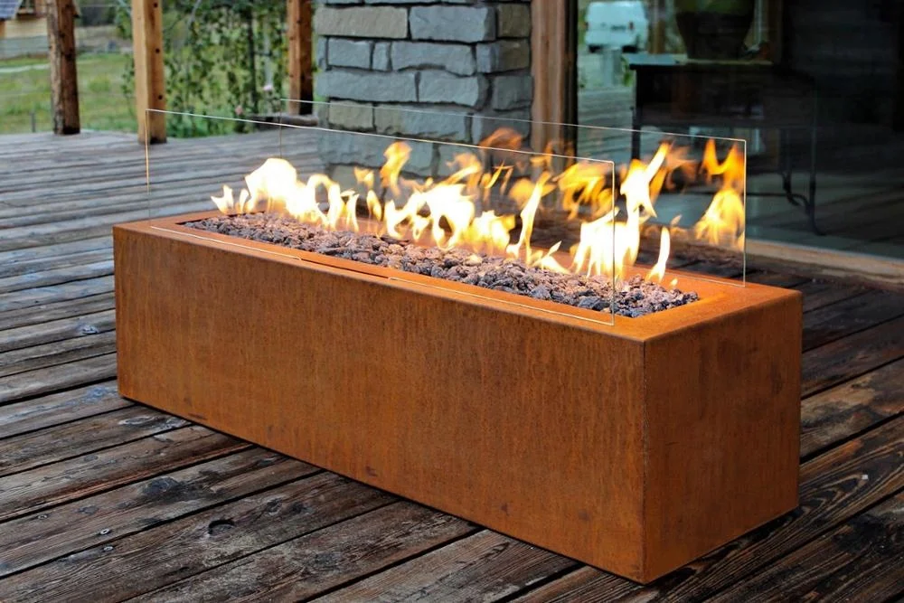 Anti-Corrosion Weathering Corten Steel Gas Firepit With Glass