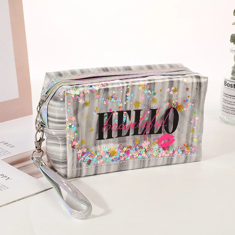 Luxury Elegant PVC Makeup Bag Holographic Laser Plastic Ziplock Pouch Bag Cosmetic Waterproof Travel Toiletry Cosmetic Bag