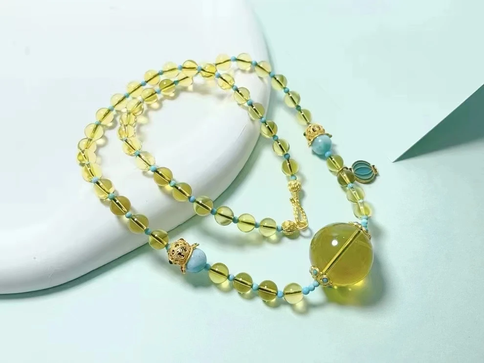 MEDBOO Fine Jewelry Factory Real Romantic 6mm Polished Round Smooth DIY Natural Crystal Blue Amber Bead Pendant Jewellery