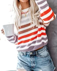Cheap Price 2021 Fall  Women  Fashion Striped Matching Color Pullover Student Top  New Jersey   Wholesale China
