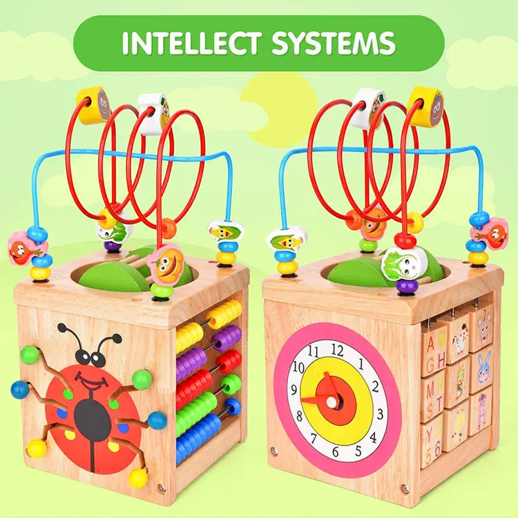 Unisex Multi-functional Four-Sided Bead Beetle Treasure Box Beaded Calculation Rack Educational Wooden Toy for Children 1 Set