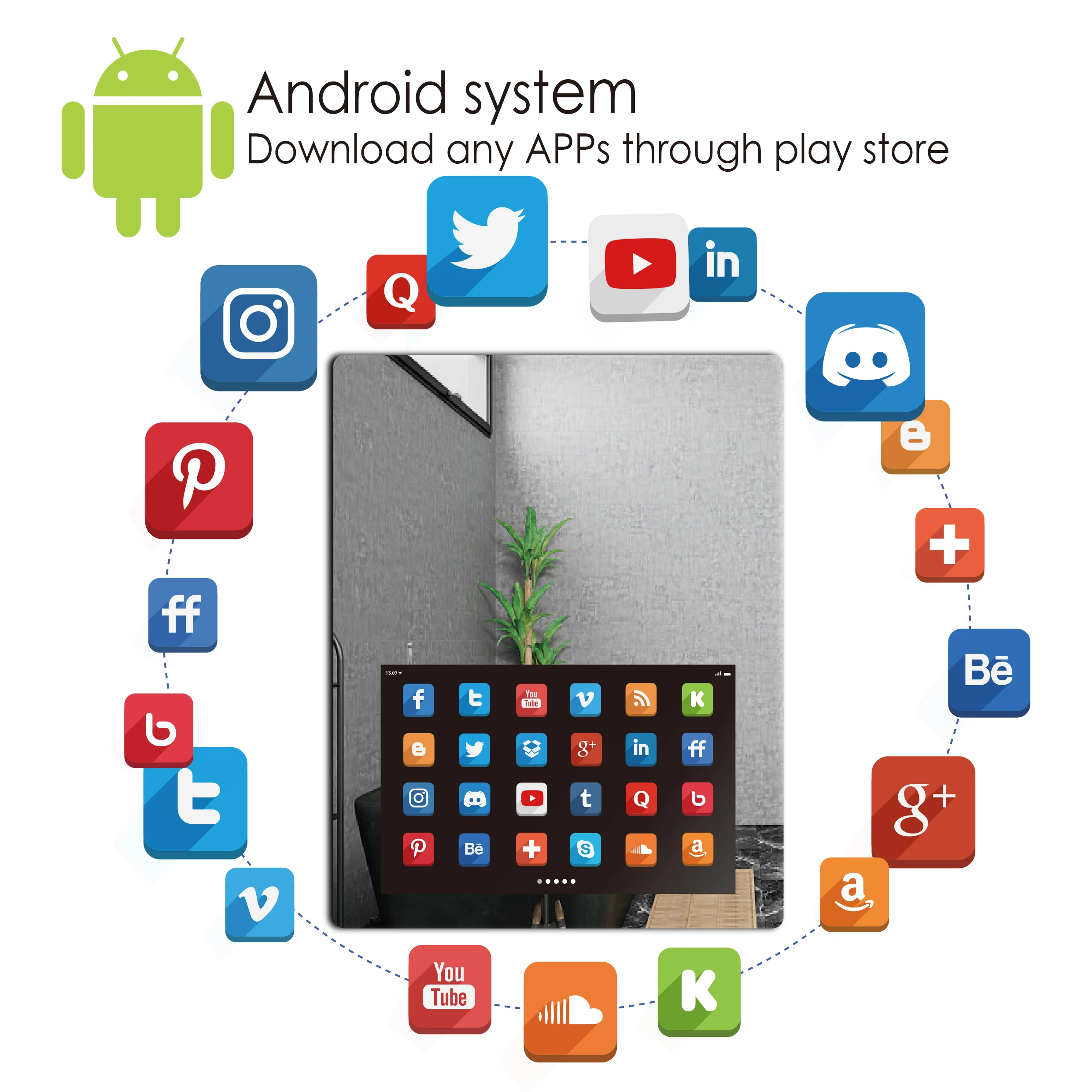 Full Function Glass TV Android Smart Mirror Bluetooth Music Speaker LED Bathroom Smart Mirror