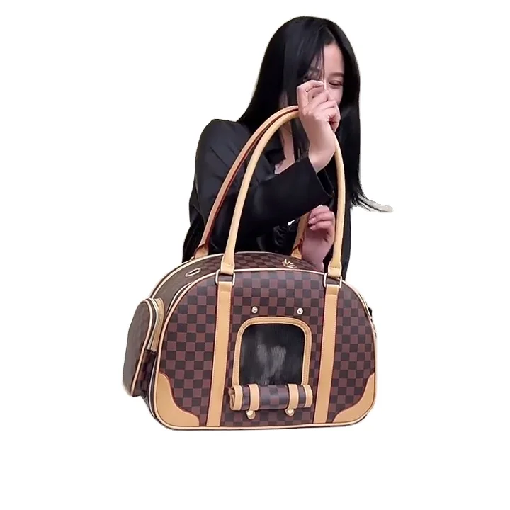 Luxury Plaid British Style PU Leather Pet Dog Cat Tote Bag Manufacturer Direct Fashion Pet Travel Carrier Sling Bag Handbag