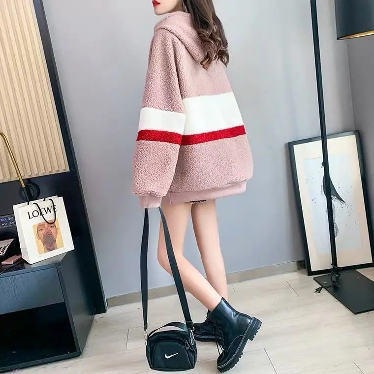
Lamb wool hooded sweater women autumn and winter plus velvet loose Korean style lazy wind thick top coat 