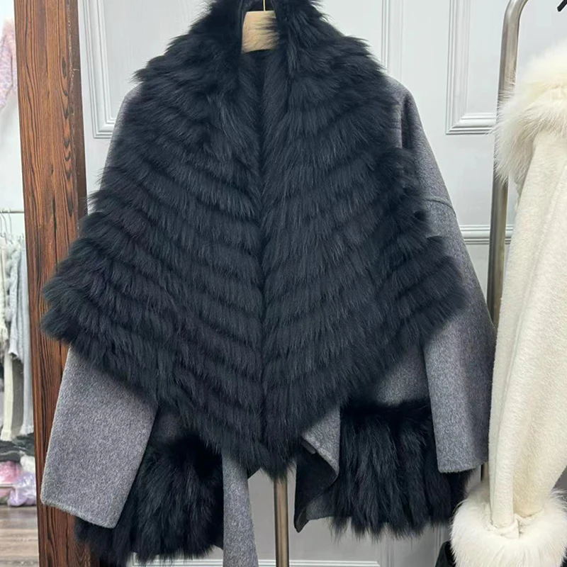 2024 Lady Fashion Luxury Large Lapel Real Fox Fur Trimming Short Overcoat Elegant Winter Women Cashmere Wool Coat