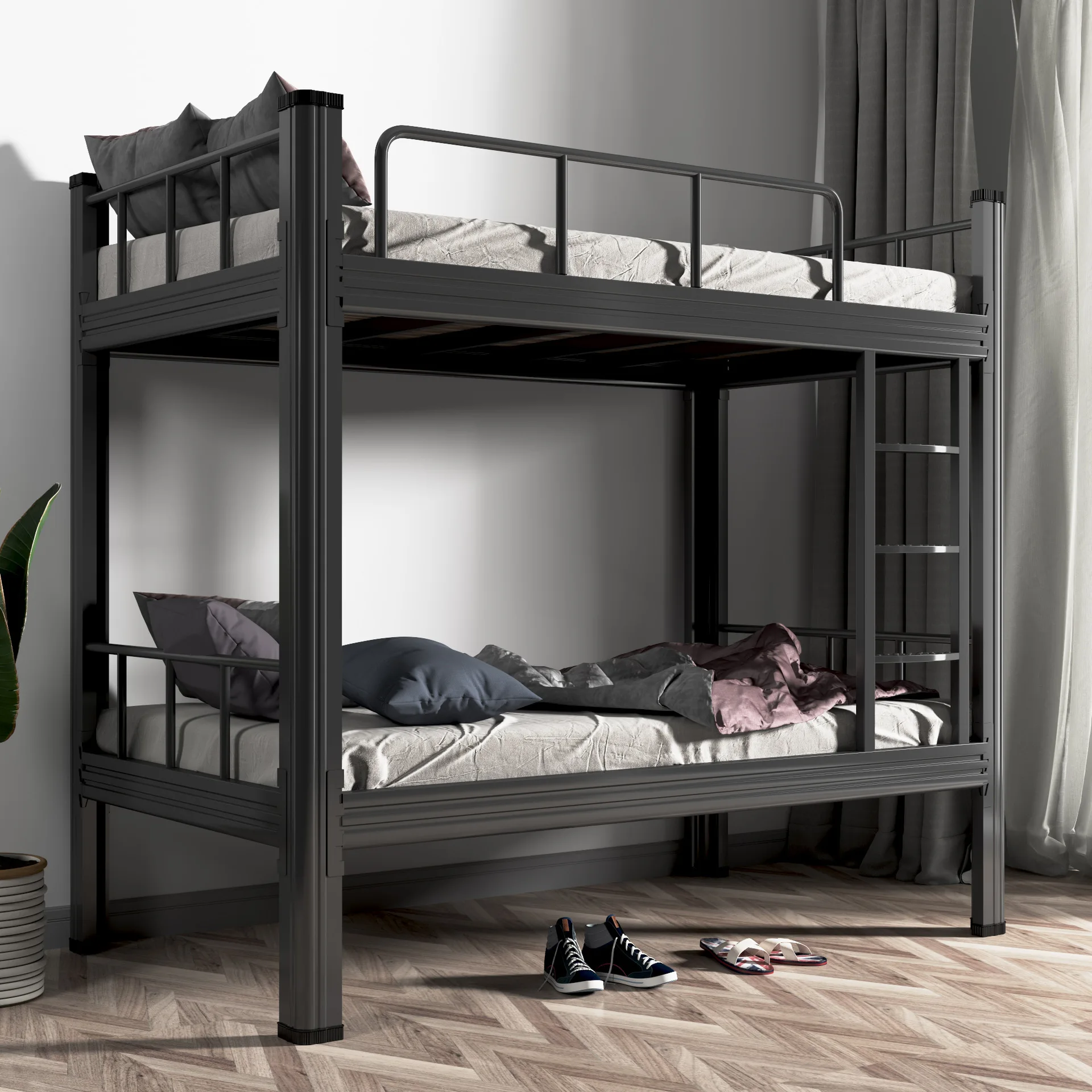 YML Knock-Down Dormitory Iron Double Bunk Bed Frame With Stairs Bedroom Metal Bunk Beds For Adult