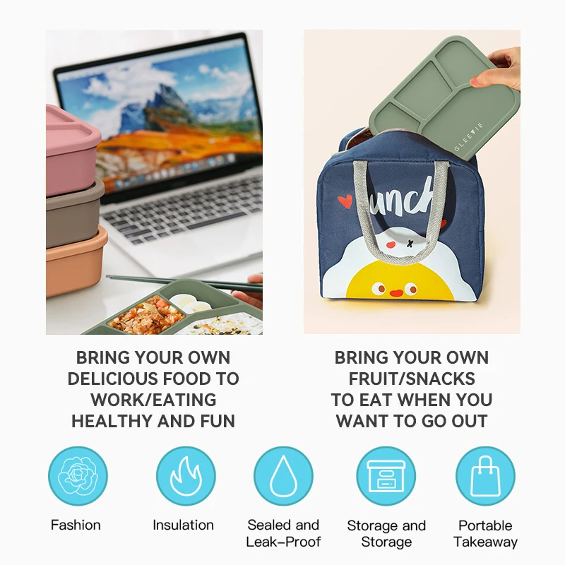 Customized Bpa Free Silicone Compartment Lunchbox Food Container Leakproof Children Adult Office School Kids Bento Lunch Box Set