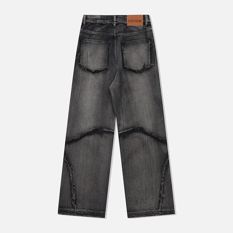 Customized Retro Designer Dark Blue Tie Rope Wear Resistant Boy Stacked Acid Wash Denim Jeans