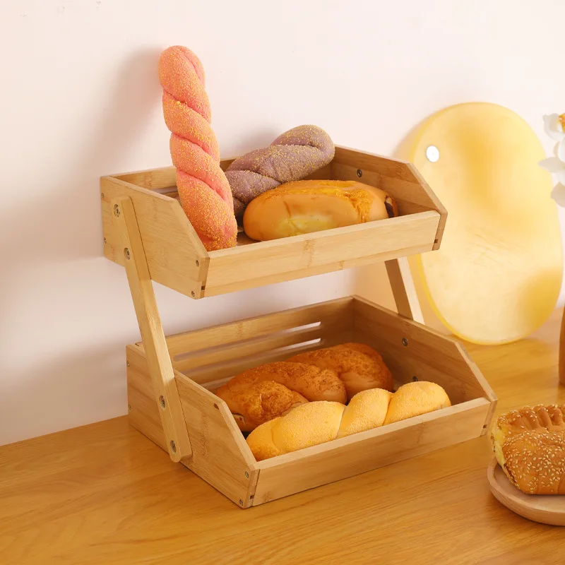 Bamboo 2 Tier Fruit Vegetable Basket Double Layer Desktop Snacks Sundry Storage Rack Storage Basket Shelf