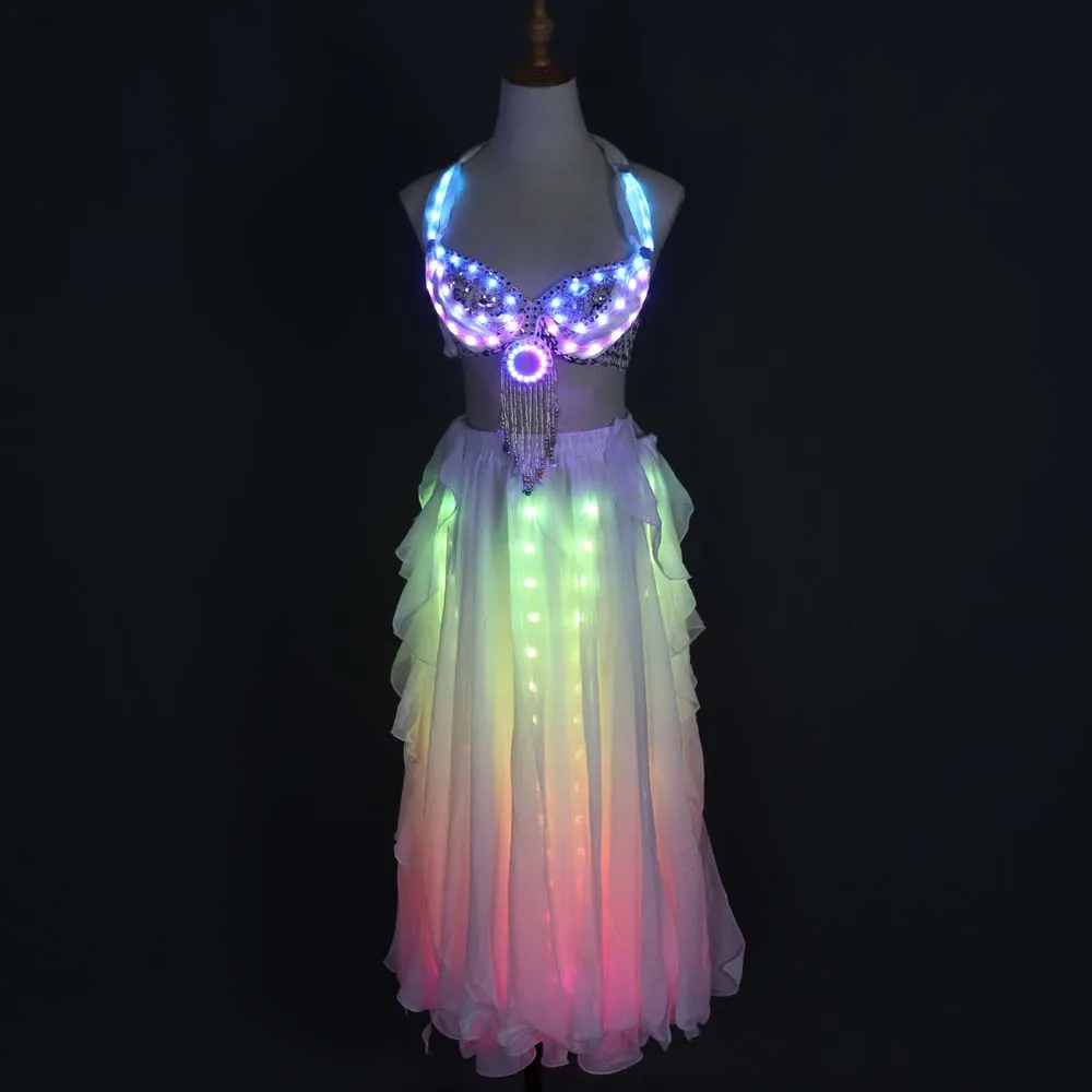 LED Color Lights Women Belly Dance Split Skirt Sexy Professional Belly dance Training Clothes Dancing Costumes