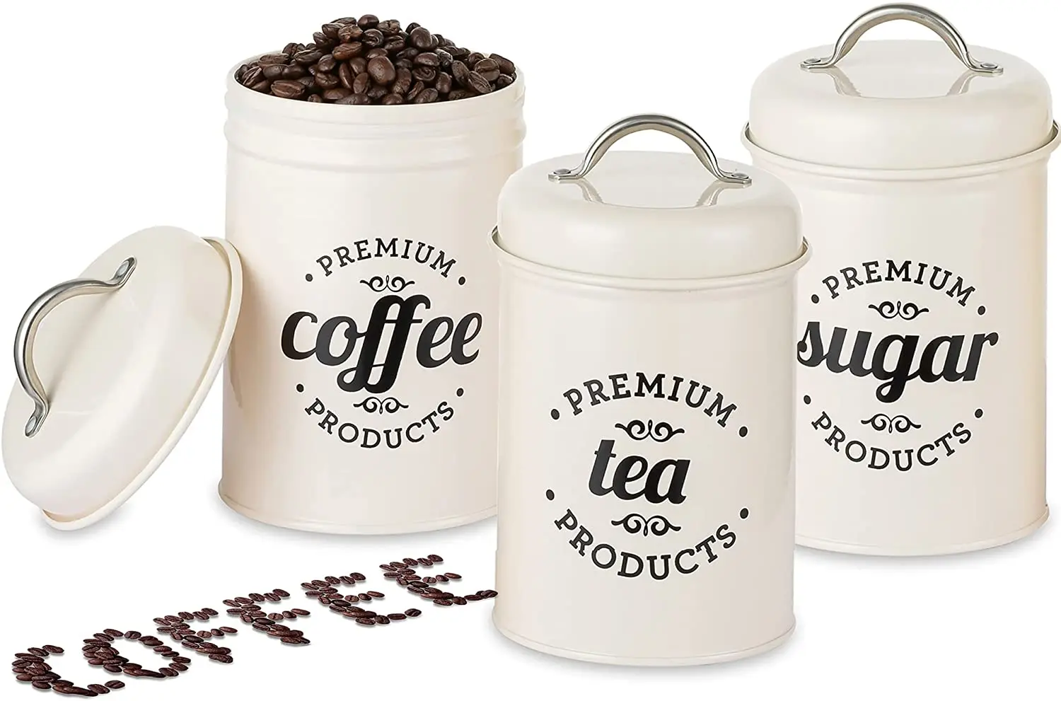 Tea Coffee Sugar Set Piece of 3 Airtight Kitchen Food Canister Rustic Farmhouse Country Decor Metal Storage Containers Jars