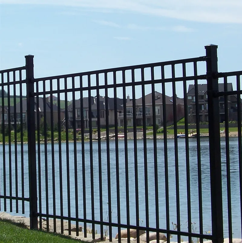 8feet three horizontal rails flat top steel fence panels with powder coated green color