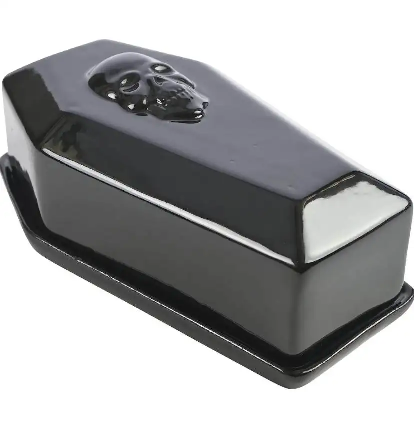 Bright black Gothic skull coffin ceramic butter dish