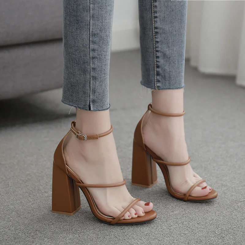 CSS404 chunky heel brown leather sandals for women