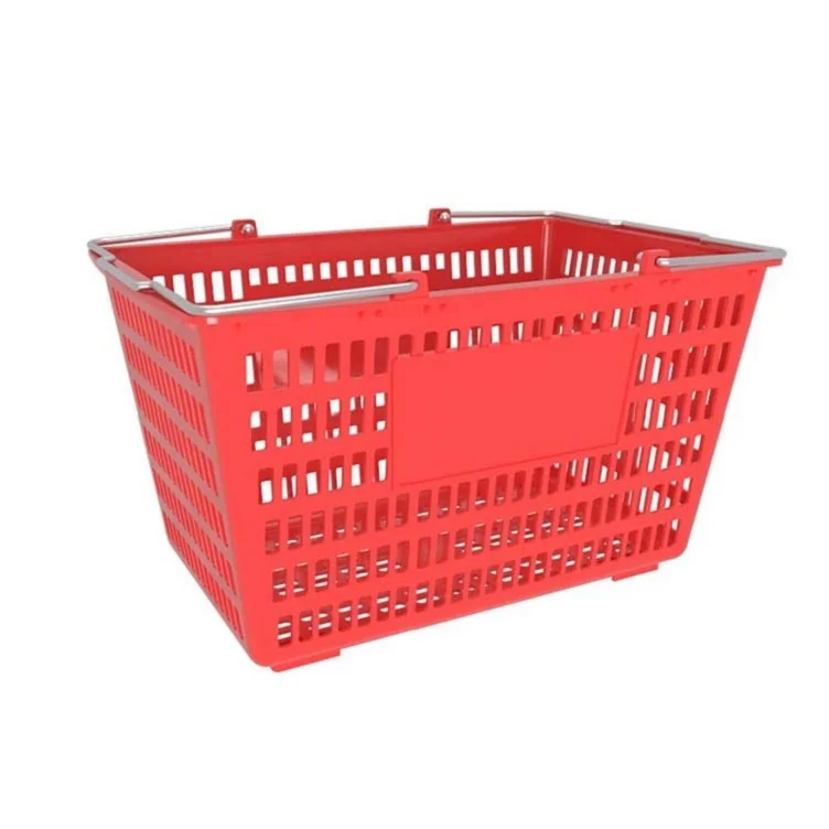 Supermarket Plastic baskets metal double handle plastic basket PW605BT rz 30L collapsible shopping basket