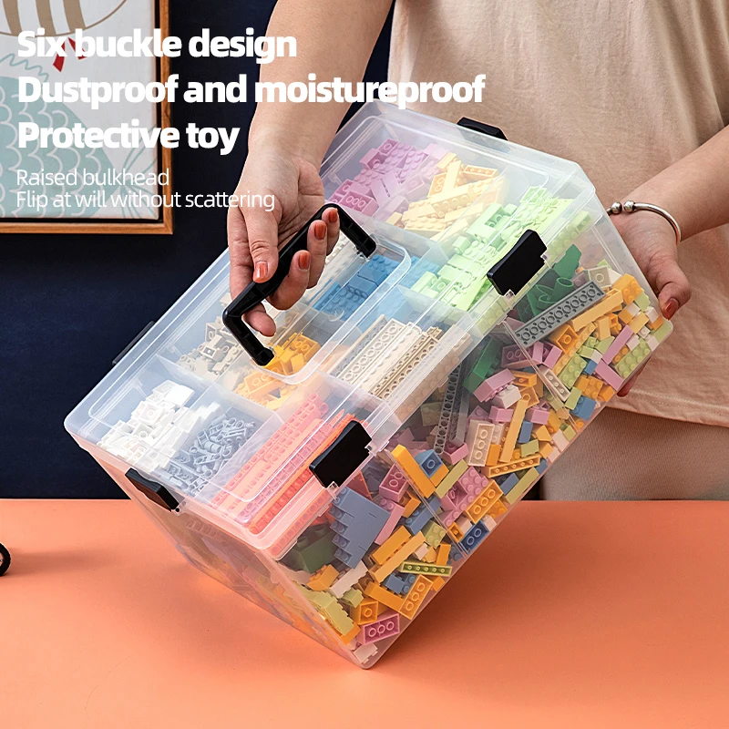 In Stock 2 Layers Large Transparent Portable Storage Organizer Plastic Lego Storage Box With Handle