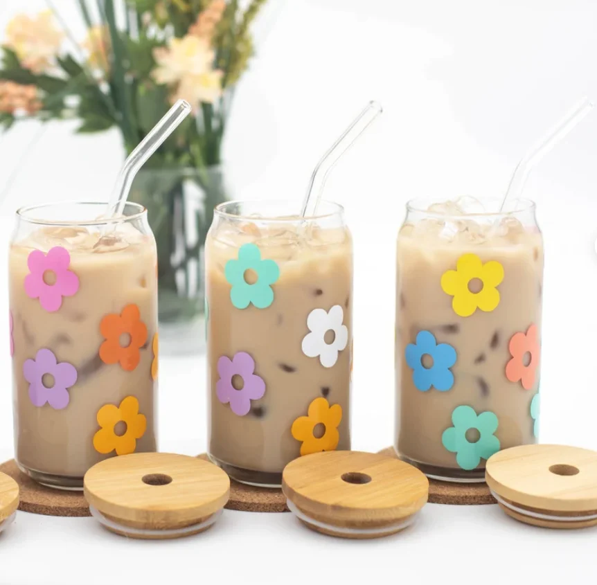 Daisy Coffee Glass, Boho Beer Glass Jar