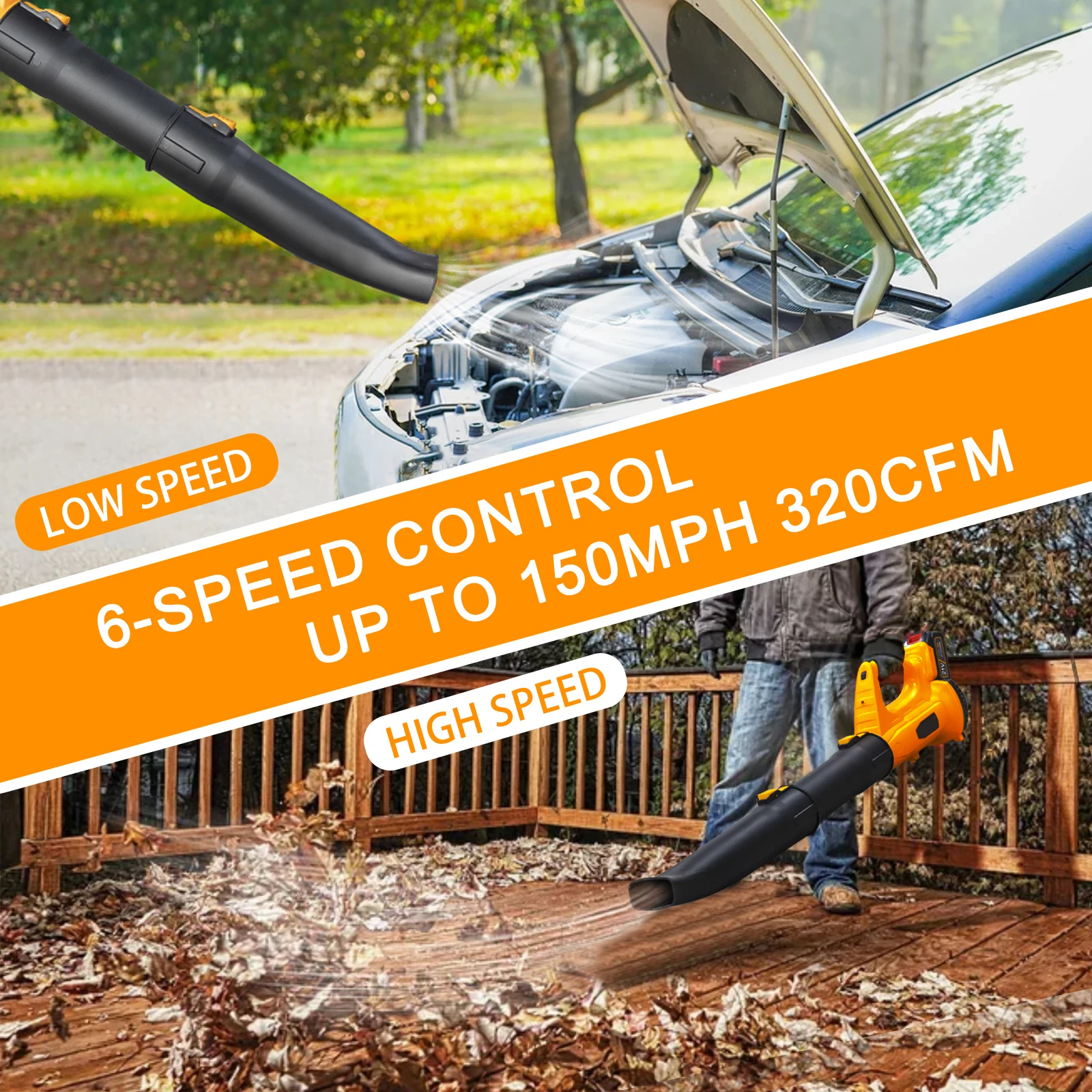 21V Leaf Blower Cordless with 4.0Ah Battery and Charger, 320 CFM 150 MPH 6-Speed 2 Tubes Electric Leaf Blower for Leaves